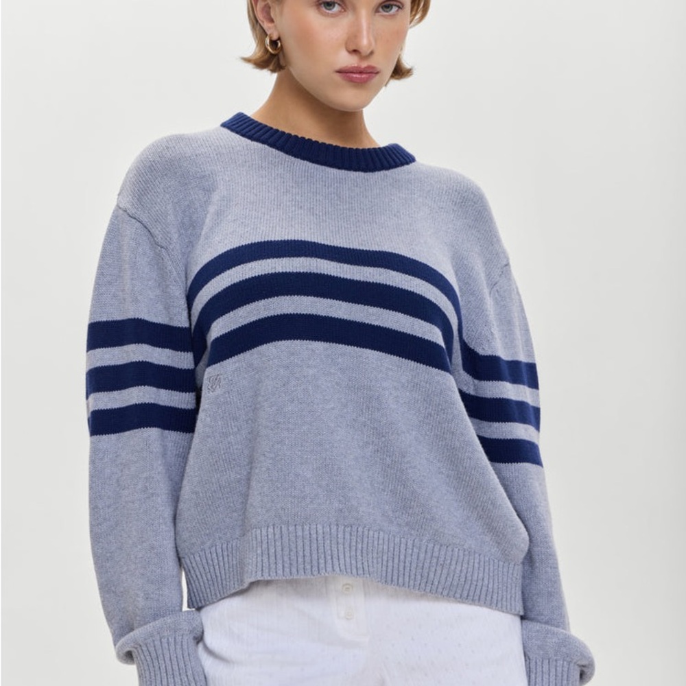 Frankie's Bikinis Gray and Navy Striped Sweater